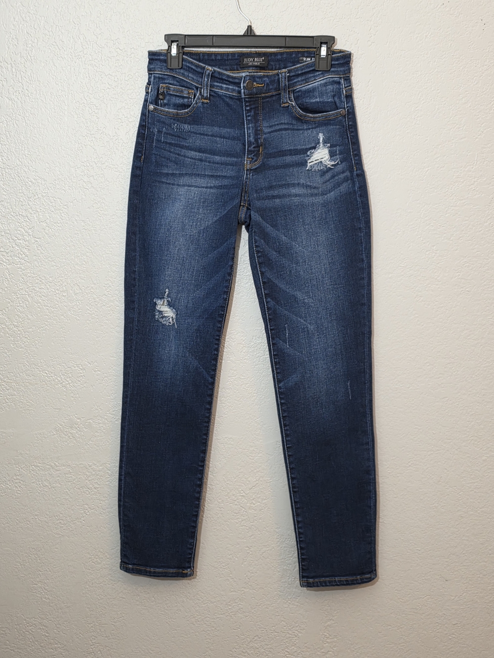 Judy Blue Slim Fit Dark Wash Straight Leg Jeans Distressed Mid Rise Womens 5/27